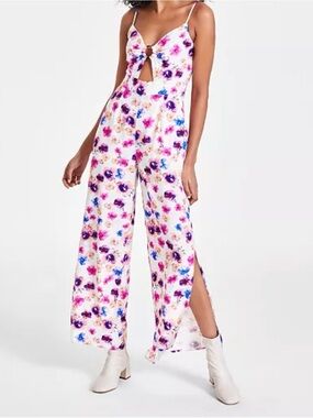 Bar III Cream Floral Spaghetti-Strap Jumpsuit with Pink & Blue Blooms New w/ Tag